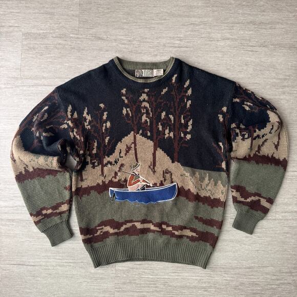 Vintage Big Bear Trading Co Fisherman Grandpa Sweater Knit Fly Fishing Men Large - Picture 1 of 7